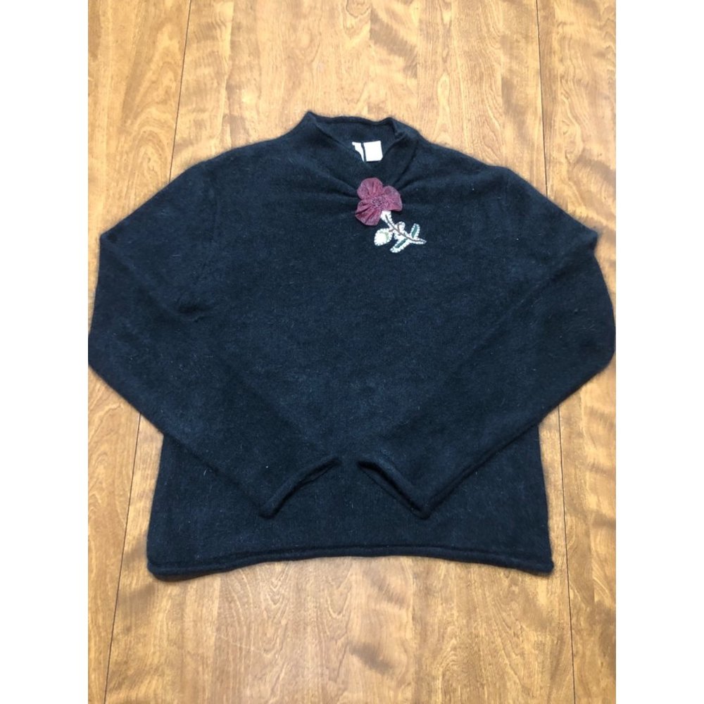 Vintage Twiggy Angora Lambswool Black Mock Neck Flower Applique Sweater Soft XL